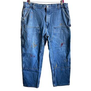 Carhartt Jeans Double Front Knee Washed Logger Denim Distressed Paint Grunge